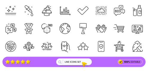 Cloud system, Smartphone holding and Diagram graph line icons for web app. Pack of Stress protection, World planet, Milk pictogram icons. Discounts chat, Table lamp, Bid offer signs. Vector