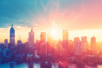 Fototapeta premium Sunset Backlight Shining Through CBD Skyscrapers