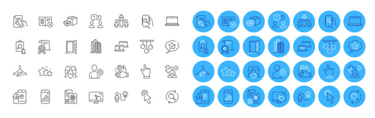 Touch screen, Engineering team and Cursor line icons pack. Skyscraper buildings, Stars, Qr code web icon. Search app, Open door, Food app pictogram. Packing boxes, Click hand, Notebook. Vector