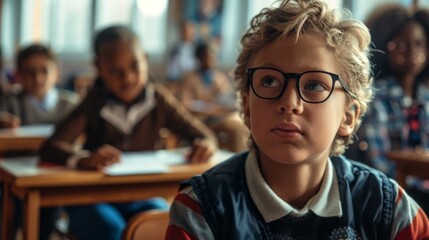 Obraz premium Focused Young Boy American Student with Glasses in Colorful Classroom Setting. Generative ai