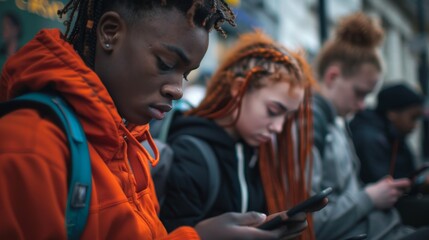 Fototapeta premium Young Diverse Multiracial Friends Teenagers Focused on Their Glowing Smartphones. Generative ai.