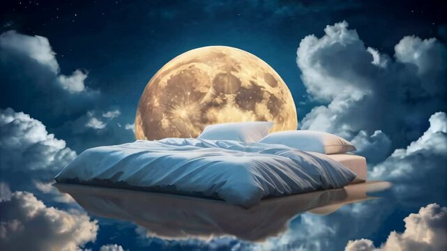 A double bed with pillows and a blanket floating against the backdrop of a large full moon and clouds. Concept of sound sleep, getting enough sleep. AI generated