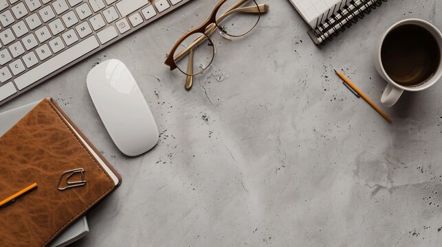 Flat lay of an office desk with a keyboard, mouse, a stylish notebook, and a pair of eyeglasses