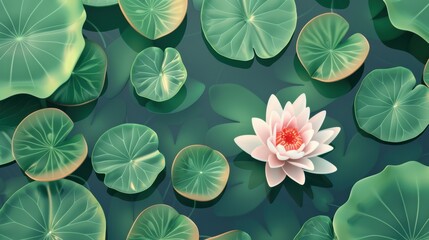A single lotus flower floating gracefully on a calm pond surrounded by large green lily pads