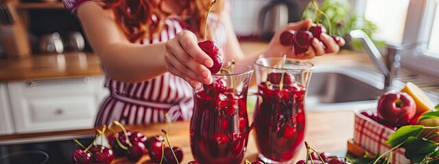 a woman prepares cherry juice. Selective focus