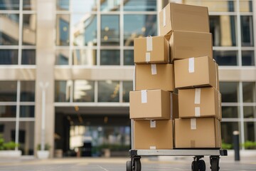 cardboard boxes stacked on a dolly in the foreground, with a blurred background office building, business deliveries