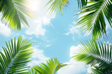 Naklejka premium palm leaves on blue bright cloudy sky with sunshine bottom view, holiday background