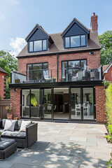 Modern brick house with large glass doors and a cozy outdoor seating area under a clear sky. Great for architecture and real estate.