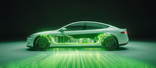 Electric car concept illustration with green lines showing internal components