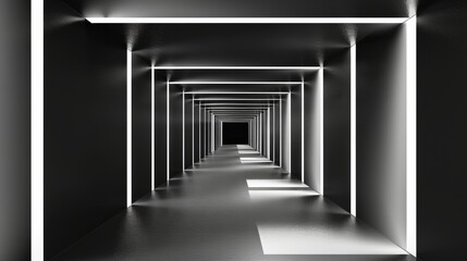Monochrome vector square tunnel with geometric lines and high contrast lighting for depth effect