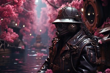 Fototapeta premium mechanical samurai, cherry trees in bloom in background