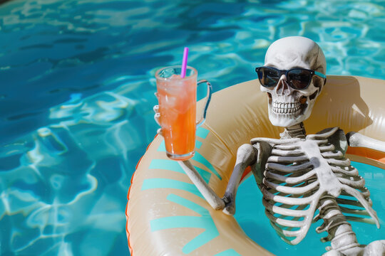 Skeleton wearing sunglasses relaxing on inflatable ring in swimming pool and holding refreshing cocktail on summer day