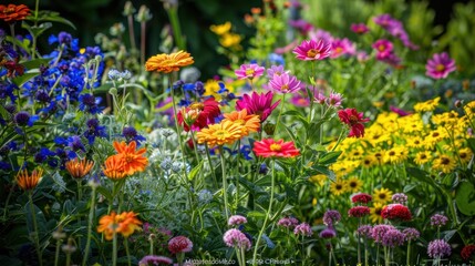 Fototapeta premium A vibrant garden filled with blooming flowers of various colors and species on a sunny day
