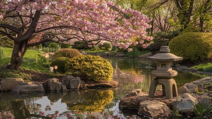 A tranquil Japanese garden with cherry blossom trees in full bloom, a small pond
