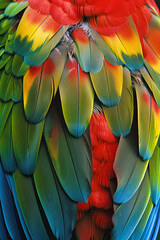 Fototapeta premium Close-up of colorful parrot feathers, highlighting the intricate and vivid patterns and textures.