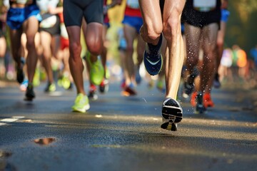 Runners running in city marathon, legs close up