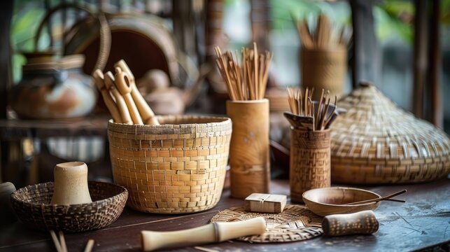 Craft tools for bamboo basket making in Thailand Vintage tools for artisan work with space for text and backdrop
