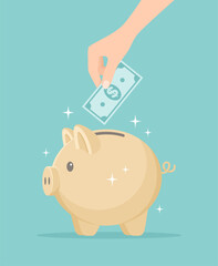 A hand putting a dollar bill into a golden piggy bank. Flat vector illustration