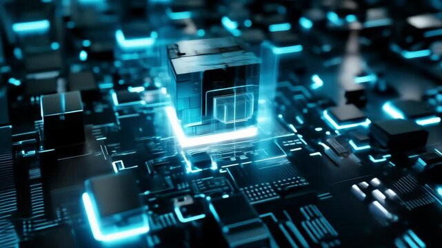 Futuristic digital circuit board with glowing blue lights and a central cube representing advanced technology and artificial intelligence.