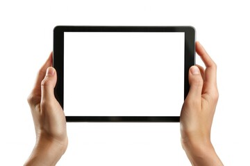 Showcase a close-up of hands holding a tablet device with a blank white screen, perfect for adding custom content
