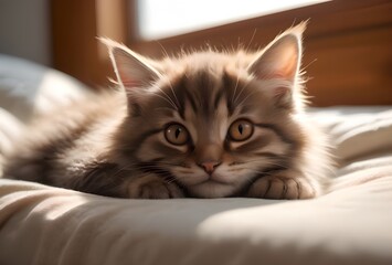 portrait of a domestic cat who sleeps in bed