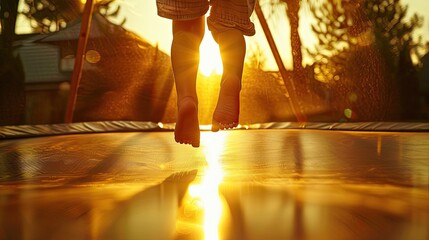 a large child jumps on a trampoline. Selective focus