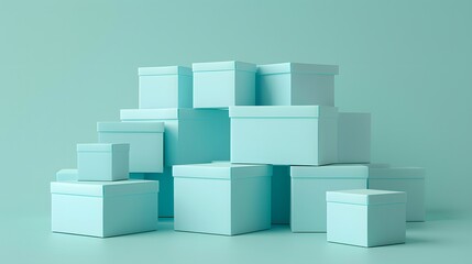 Fototapeta premium A stack of light blue gift boxes arranged in a minimalist style against a solid teal background, perfect for any celebration or storage need.