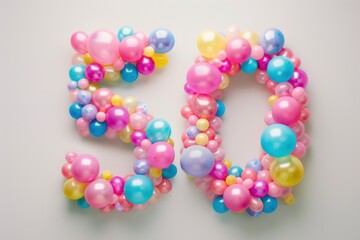 the number 50 made by baloons to celebrate a hundread years of birthday, party atmosphere background