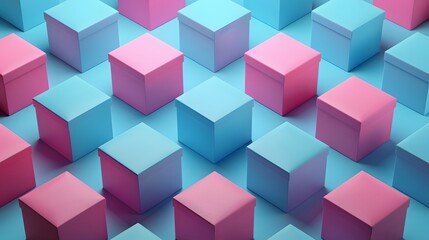 Obraz premium Abstract 3D rendering of pink and blue gradient cubes on a geometric background. Modern design, vibrant colors creating visual interest and depth.