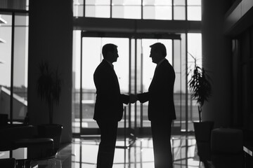 Two silhouette profile business men executive leaders shaking hands at office meeting, indoor contrasting daylight