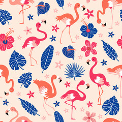 Pattern with pink flamingos and tropical leaves on pink background. Pink flamingo in flat style. Seamless pattern for textile, wrapping paper, background.