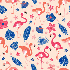 Pattern with pink flamingos and tropical leaves on pink background. Pink flamingo in flat style. Seamless pattern for textile, wrapping paper, background.