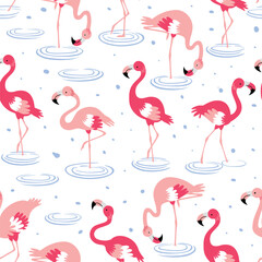 Obraz premium Pattern pink flamingos in water tropical on a white background. Pink flamingo in flat style. Seamless pattern for textile, wrapping paper, background.