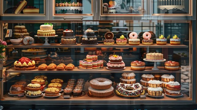 shop window with cakes. Selective focus