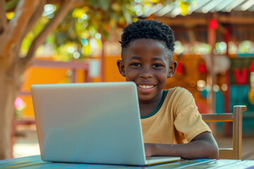 Smiling african boy uses a laptop for online learning, showcasing success and future knowledge gained through e-learning