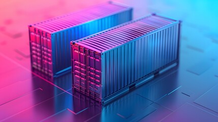 Digital rendering of two futuristic shipping containers on a colorful, tech-themed background, symbolizing logistics and technology integration.