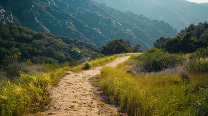 Obraz premium A scenic hiking trail through a mountainous area, perfect for outdoor exercise and exploration. High quality images