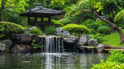 A peaceful garden scene with a water feature, ideal for meditation and relaxation. High quality images