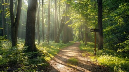 Fototapeta premium A tranquil forest path with sunlight streaming through the trees, perfect for outdoor walks. High quality images