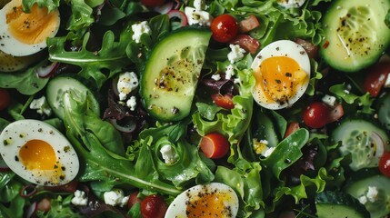 A close-up of a healthy green salad with various toppings, highlighting nutritious meals. High quality images