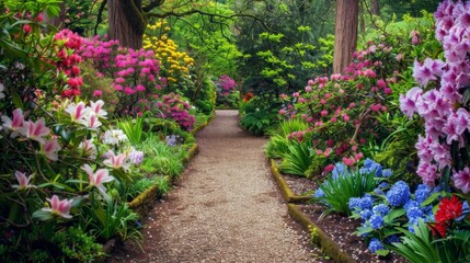 A peaceful garden with blooming flowers and a walking path, ideal for relaxation. High quality images