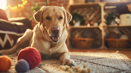 Happy Labrador with Yarn Balls in Cozy Home