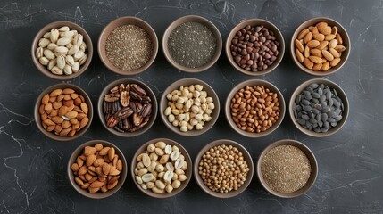 A collection of different types of seeds and nuts in small bowls, promoting healthy snacking. High quality images