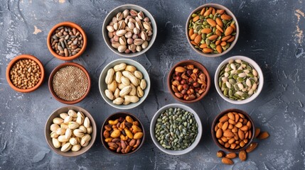 A collection of different types of seeds and nuts in small bowls, promoting healthy snacking. High quality images