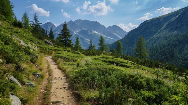 A scenic hiking trail through a mountainous area, perfect for outdoor exercise and exploration. High quality images