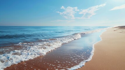 A calm beach scene with a clear sky and gentle waves, promoting mental well-being. High quality images