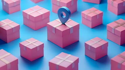 Pink giveaway boxes with a location pin on top of one, symbolizing delivery and logistics, arranged on a blue background