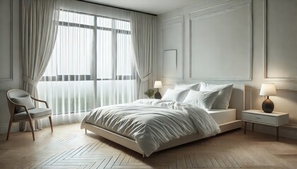 Modern Minimalist Bedroom Interior Design with White Bed and Wooden Floor.
