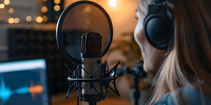 Woman recording ASMR sounds in homemade studio for social media podcast. Concept ASMR Sounds, Homemade Studio, Social Media Podcast, Recording Session, Female Artist