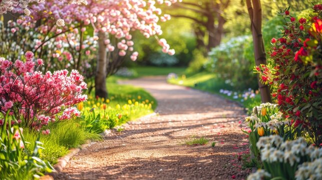 A peaceful garden with blooming flowers and a walking path, ideal for relaxation. High quality images